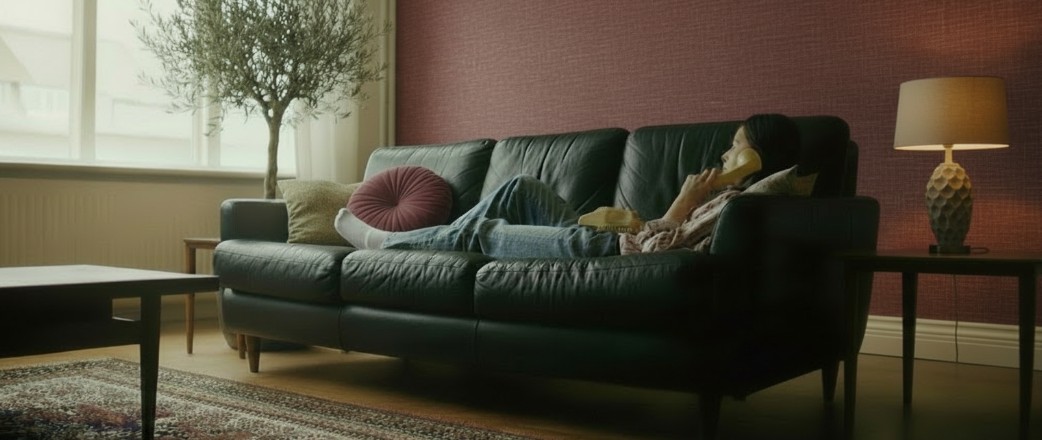 A relaxed living room with warm lighting, layered textures, and serene evening ambiance.