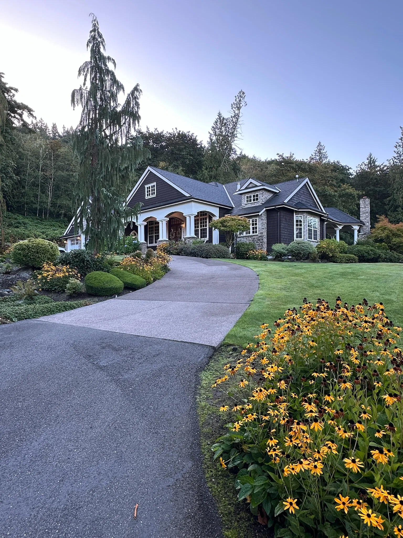 Elegant Craftsman-style home with dark siding, white columns, and stone details, nestled amidst lush landscaping, a winding driveway, and vibrant yellow flowers.