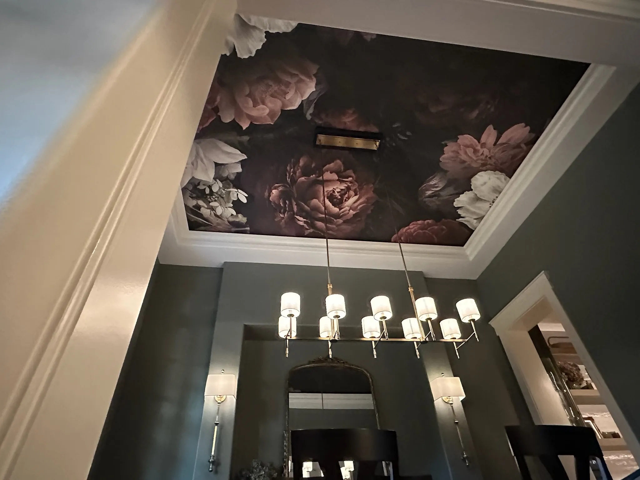 A sophisticated dining room featuring a dark, dramatic floral ceiling wallpaper, linear brass chandelier, and deep green walls. Elegant and moody interior design.